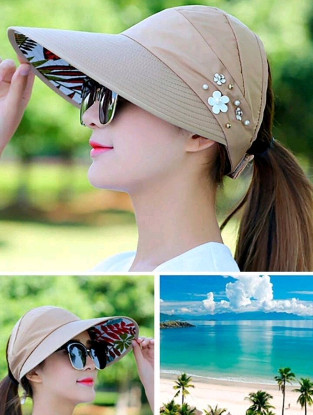 Khaki Tan Wide Brim Visor Sun Hat with Floral Accent